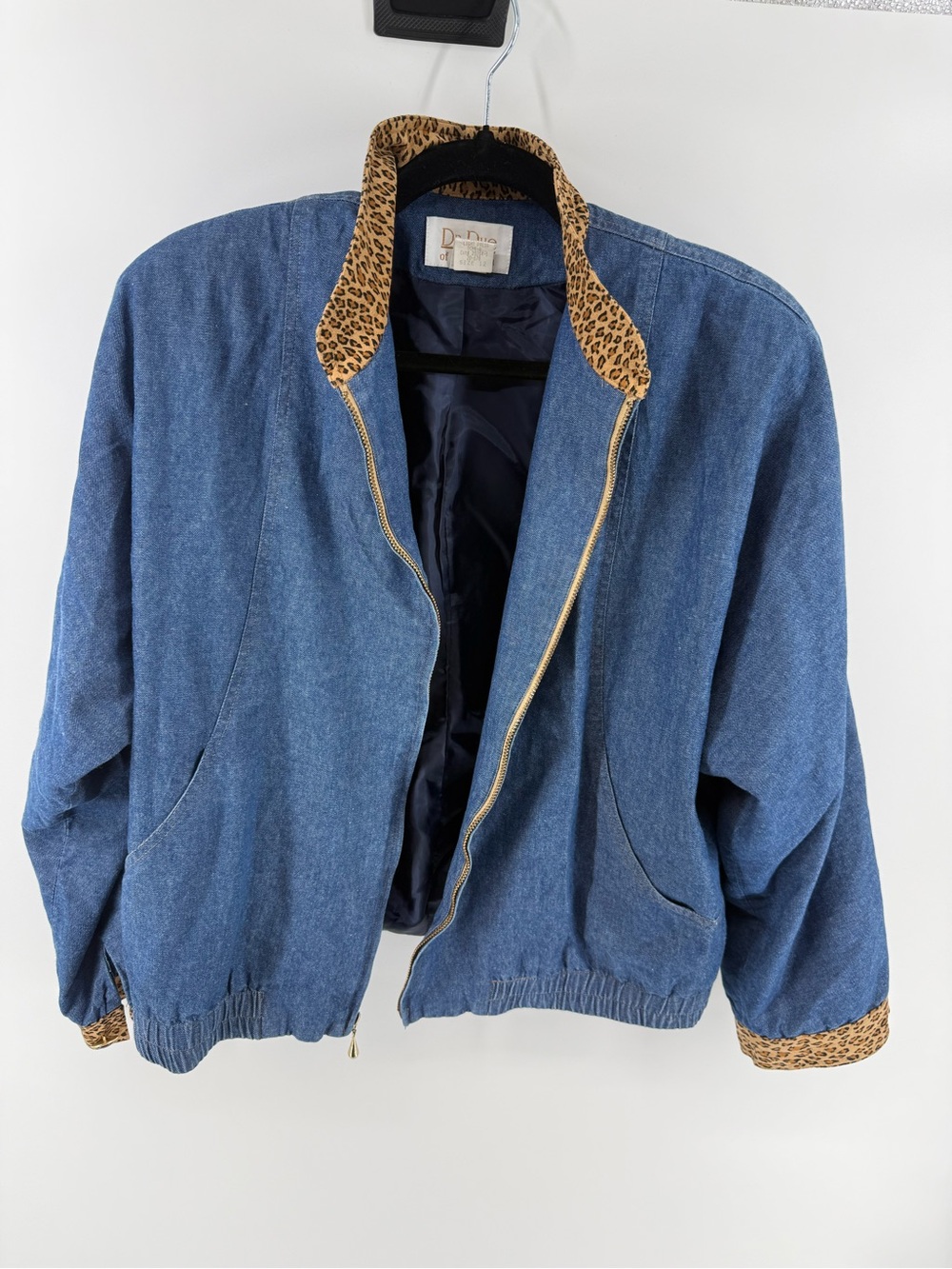 Vintage 1980s Leopard Trim Denim Oversized Bomber Jacket Novelty Denim Size 12